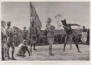 De Guerrillaoorlog in Zuid-Afrika, een Indaba gehouden bij de Kraal van de Chief Sipolilo door Kapitein Peake, 65e Imperial Yeomanry, in het Noord Lo Majunda District
